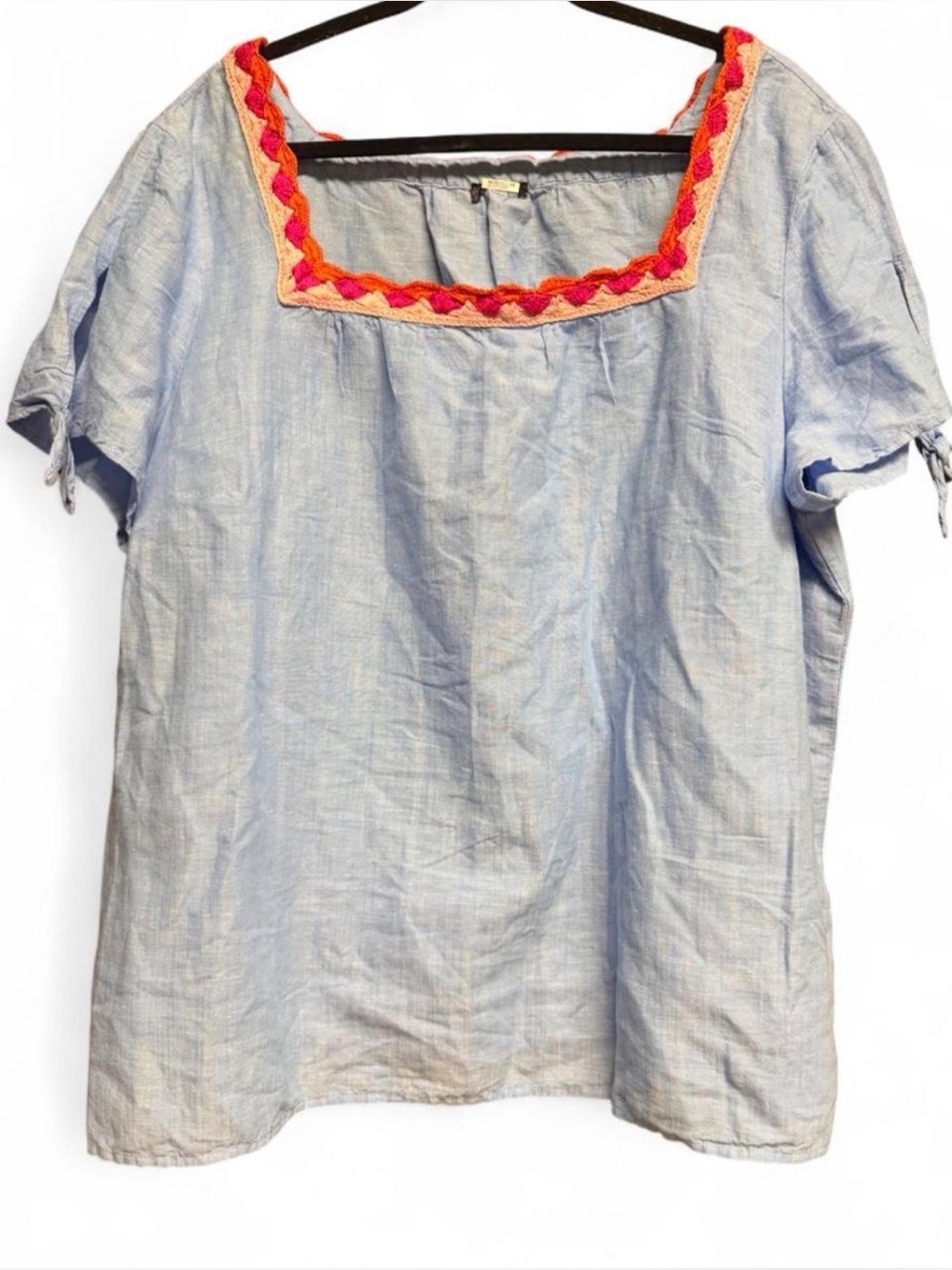 Women’s Light Blue Linen Square-Neck Top with Pink Trim